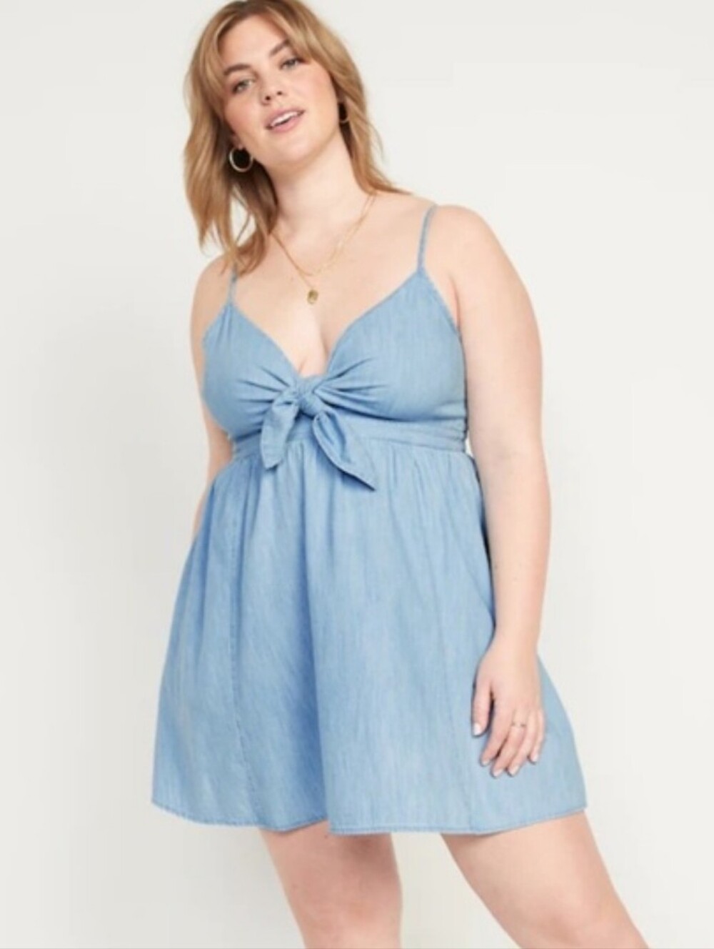 Knot-Front Fit & Flare Light Blue Denim Dress